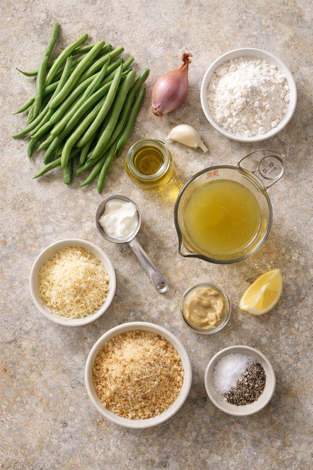 Ingredients laid out for green bean casserole without mushroom soup