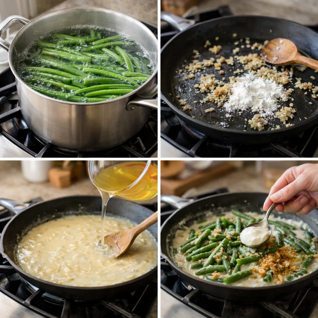 Cooking steps for tangy green bean casserole without mushroom soup