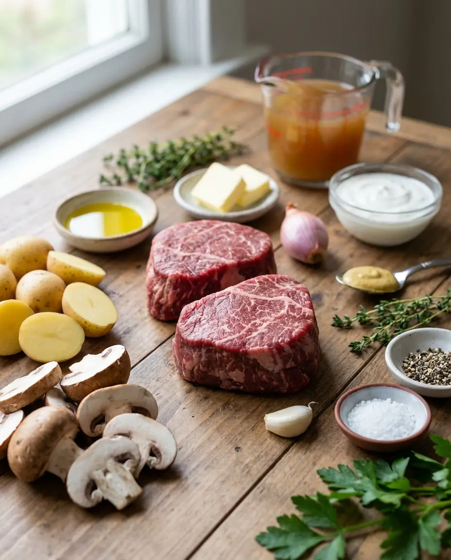 Ingredients for tender filet with mushrooms and potatoes