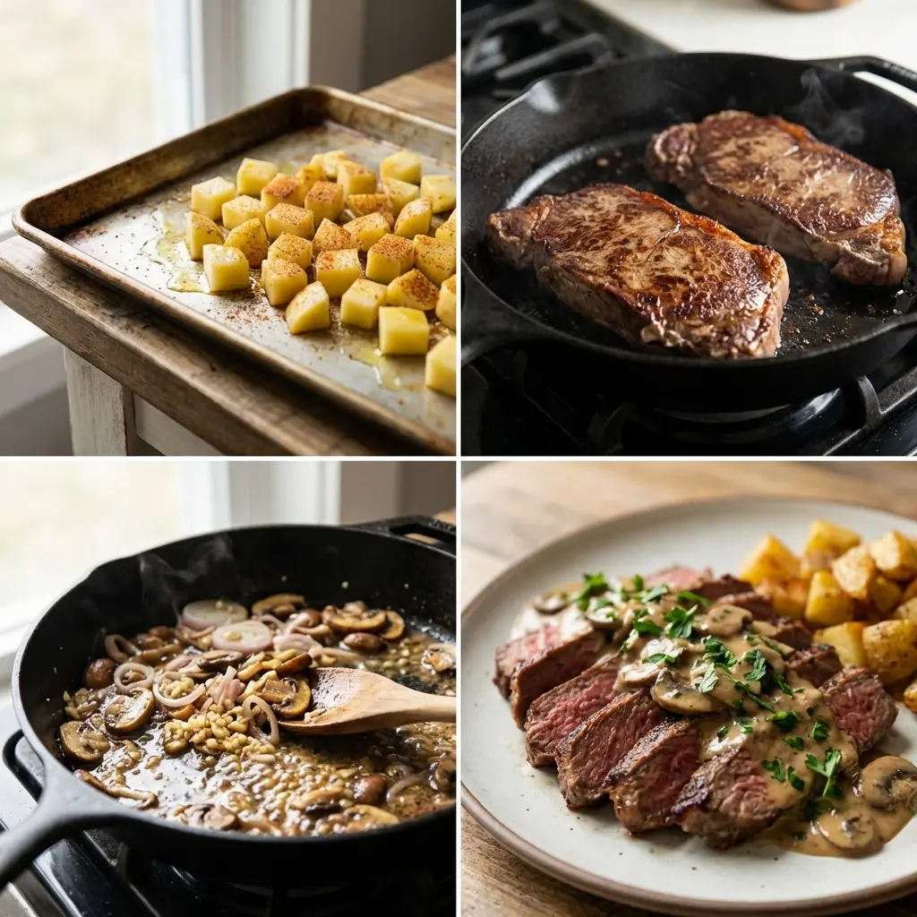 Step by step cooking tender filet and mushrooms