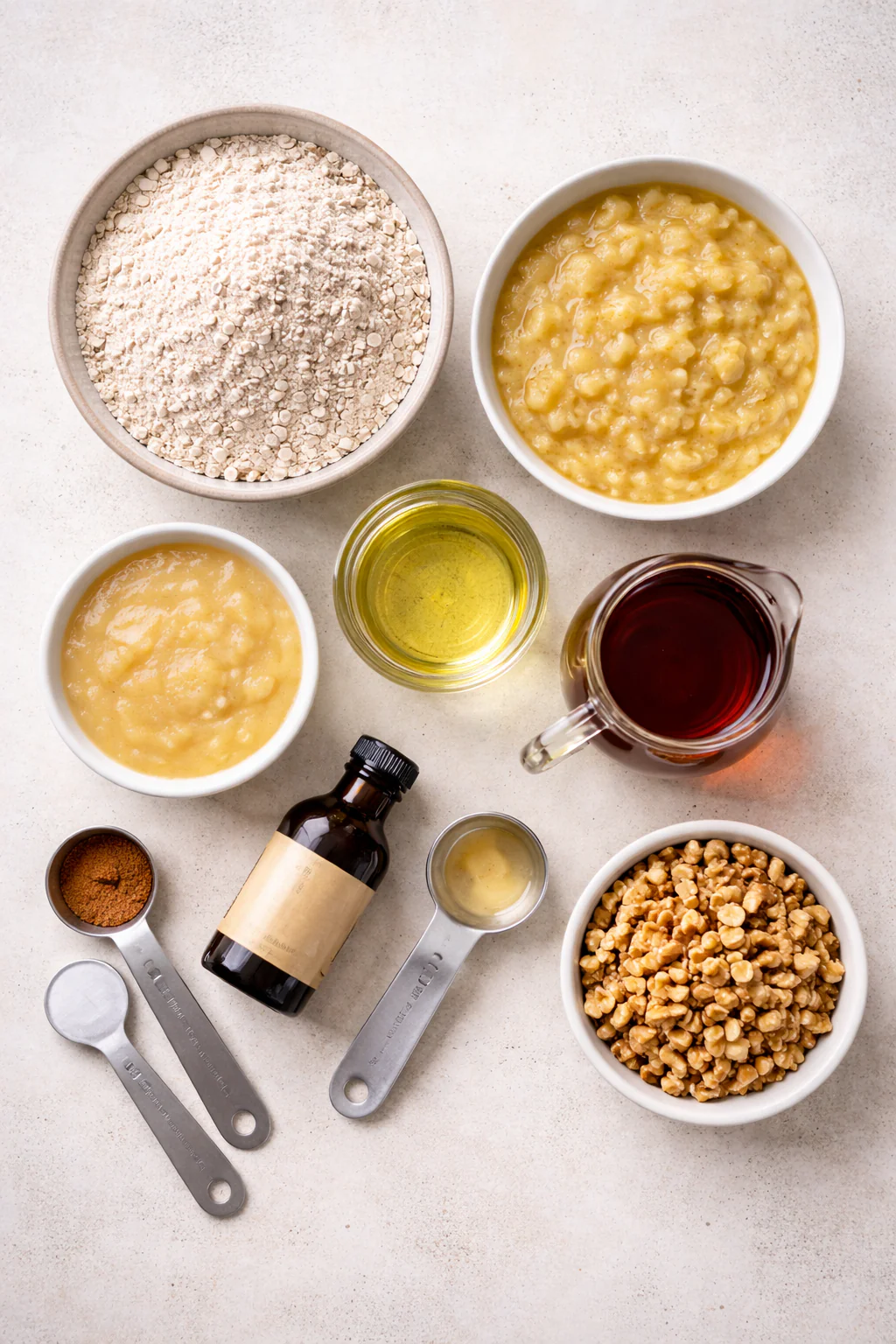 Ingredients for vegan banana bread arranged on a surface
