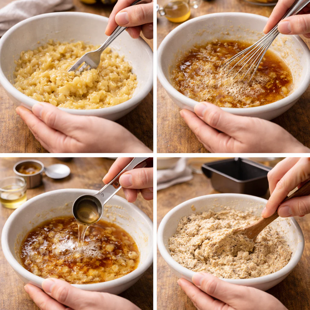 Sliced vegan banana bread cooling on a rack