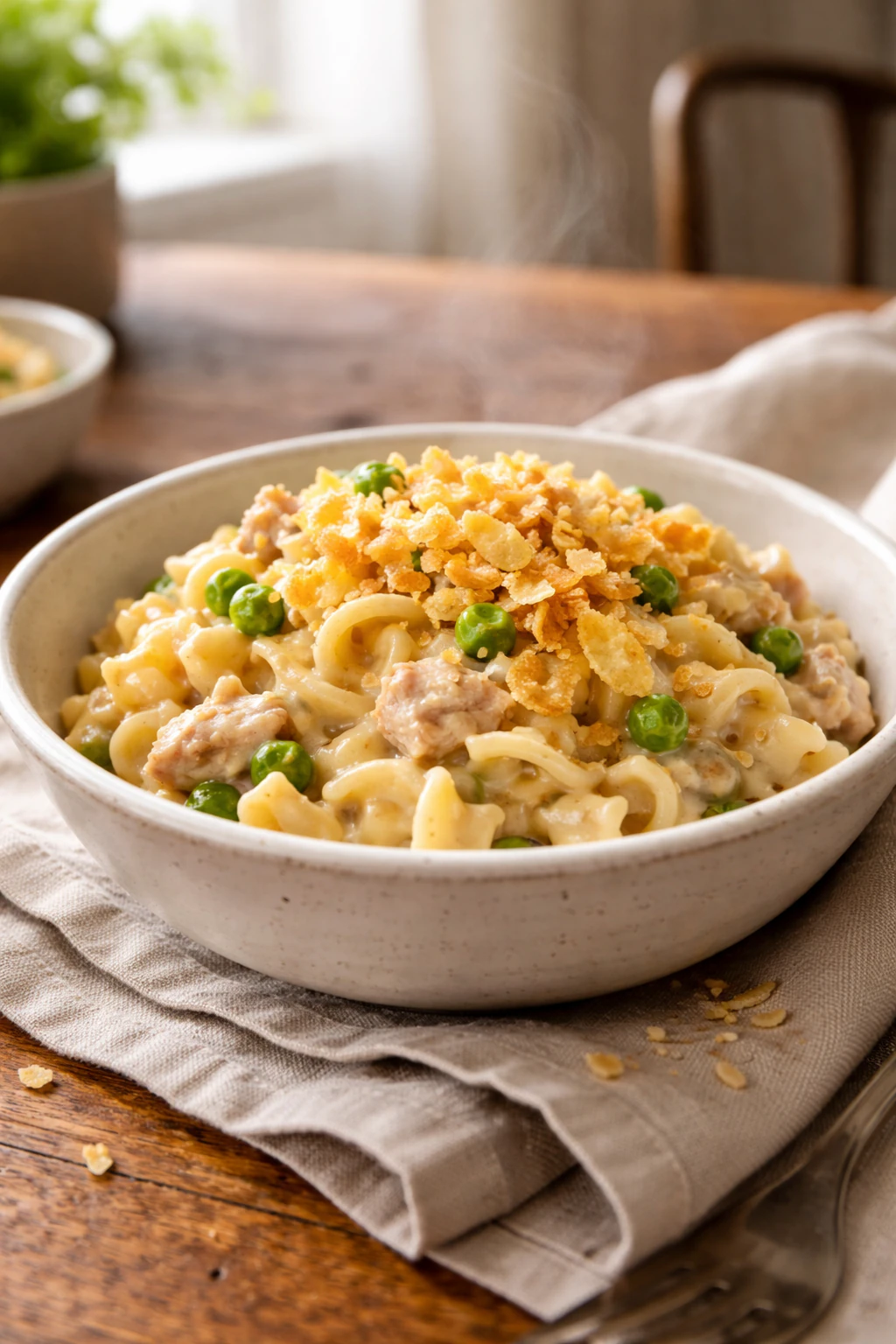 Tuna noodle casserole with crushed potato chip topping