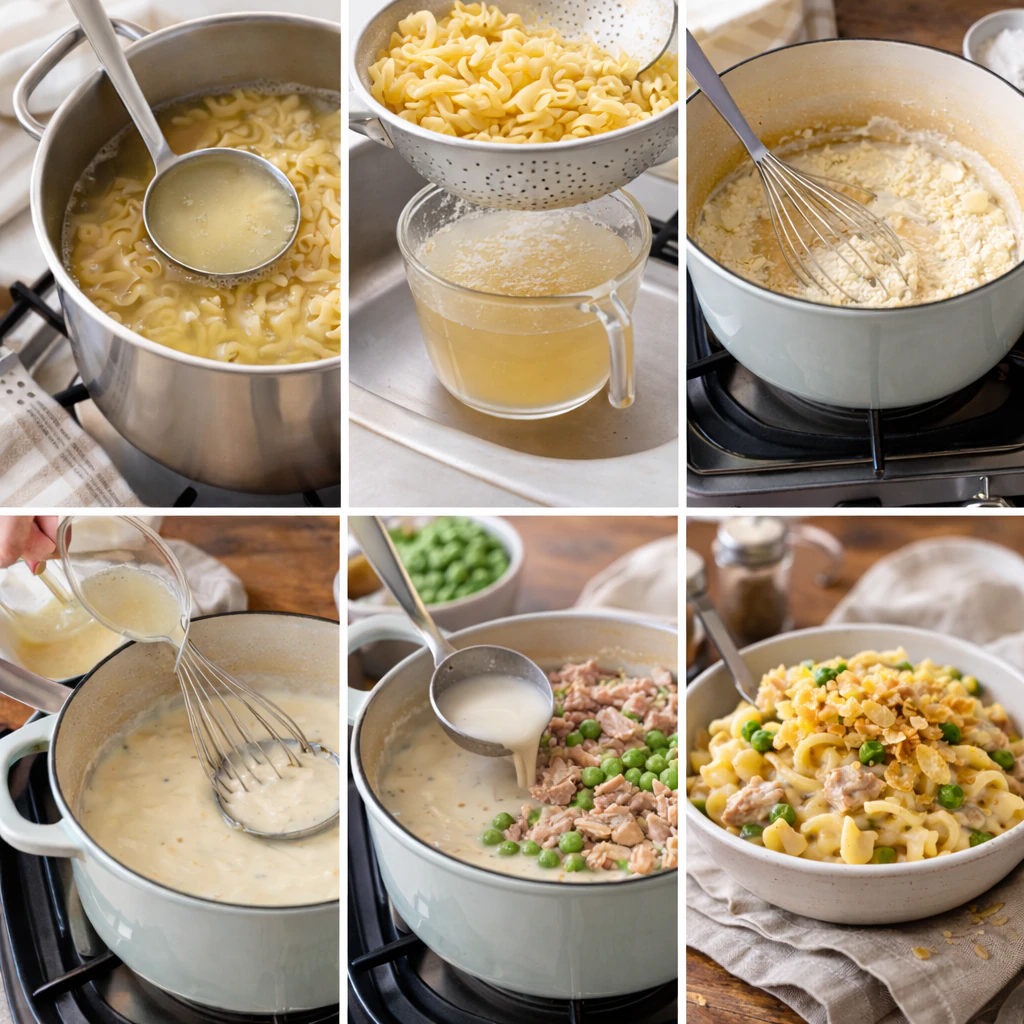 Cooking steps for tuna noodle casserole