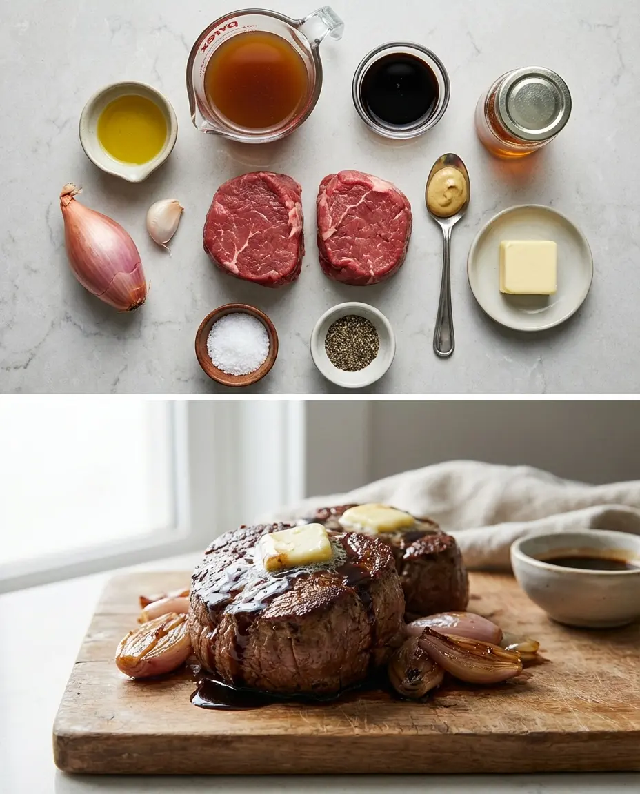 Ingredients for pan-seared filet mignon with shallot balsamic sauce