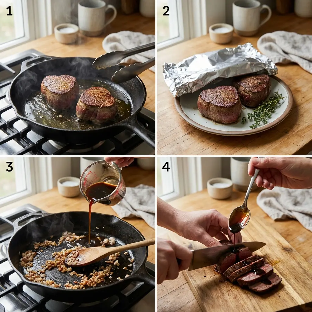 Pan with seared filet and shallot balsamic reduction