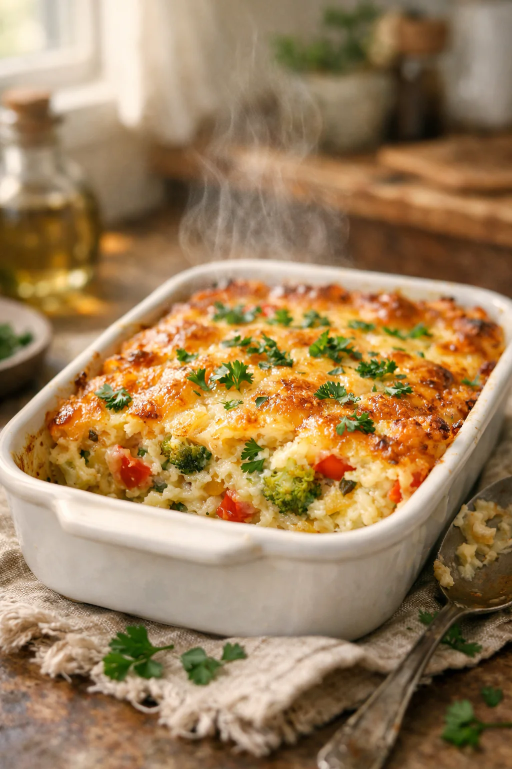Vegetable forward low sodium hashbrown casserole in a small baking dish