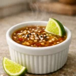 Small ramekin of zesty ginger lime low sodium spring roll dipping sauce with sesame seeds and lime wedge, shot at a 45 degree angle in a cozy home kitchen