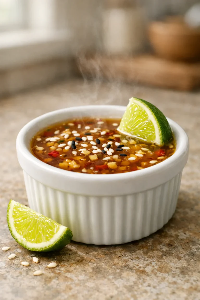 Small ramekin of zesty ginger lime low sodium spring roll dipping sauce with sesame seeds and lime wedge, shot at a 45 degree angle in a cozy home kitchen