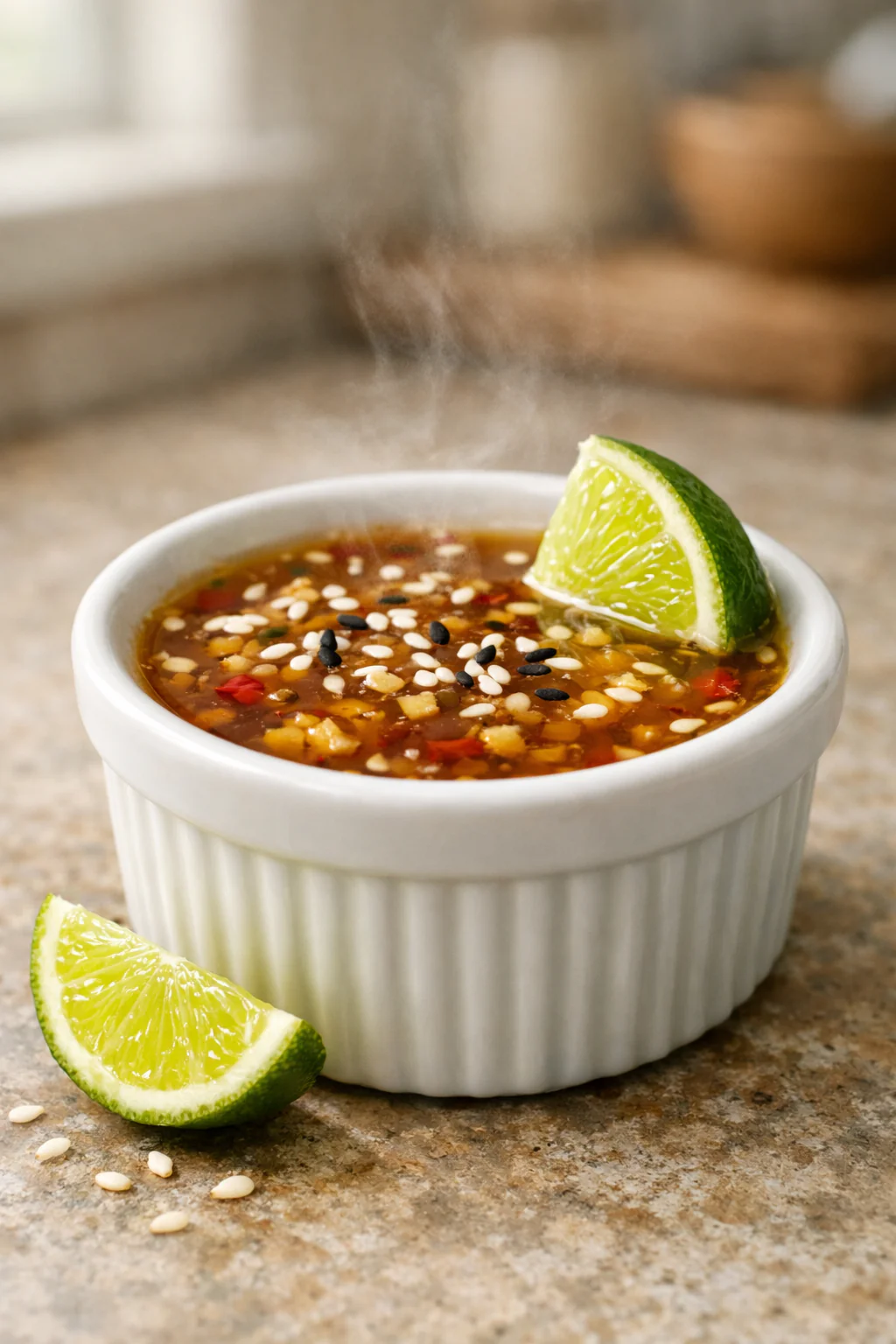 Bowl of zesty ginger and lime dipping sauce