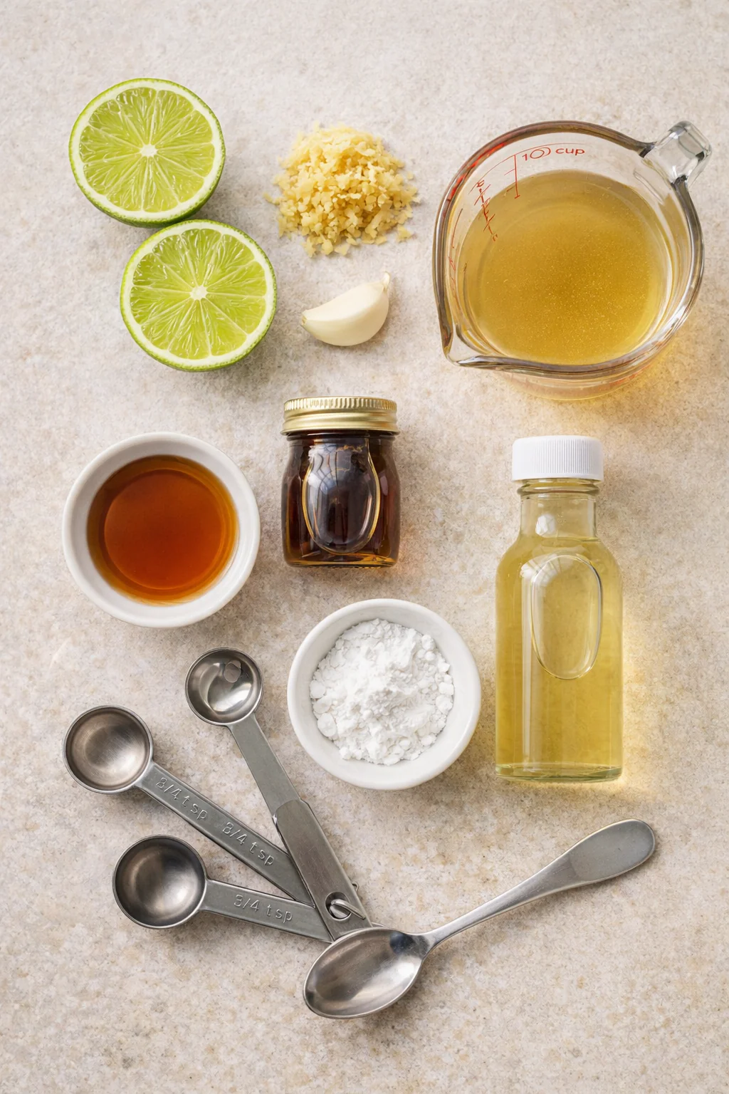 Ingredients laid out for ginger lime dipping sauce