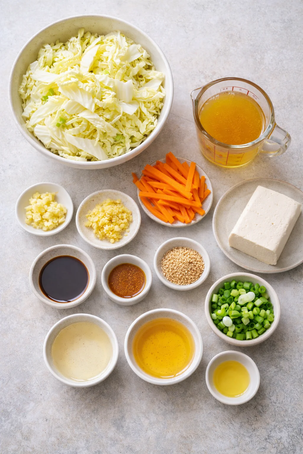Ingredients laid out for Asian cabbage dish