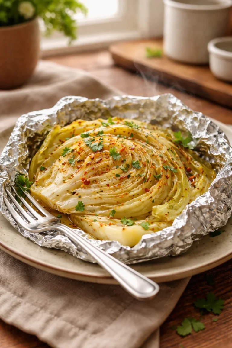 Baked cabbage in foil with olive oil and herbs