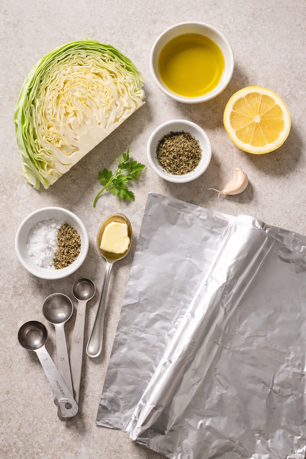 Ingredients for baked cabbage in foil on a counter