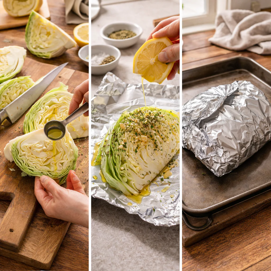 Steps showing cabbage being seasoned and wrapped in foil