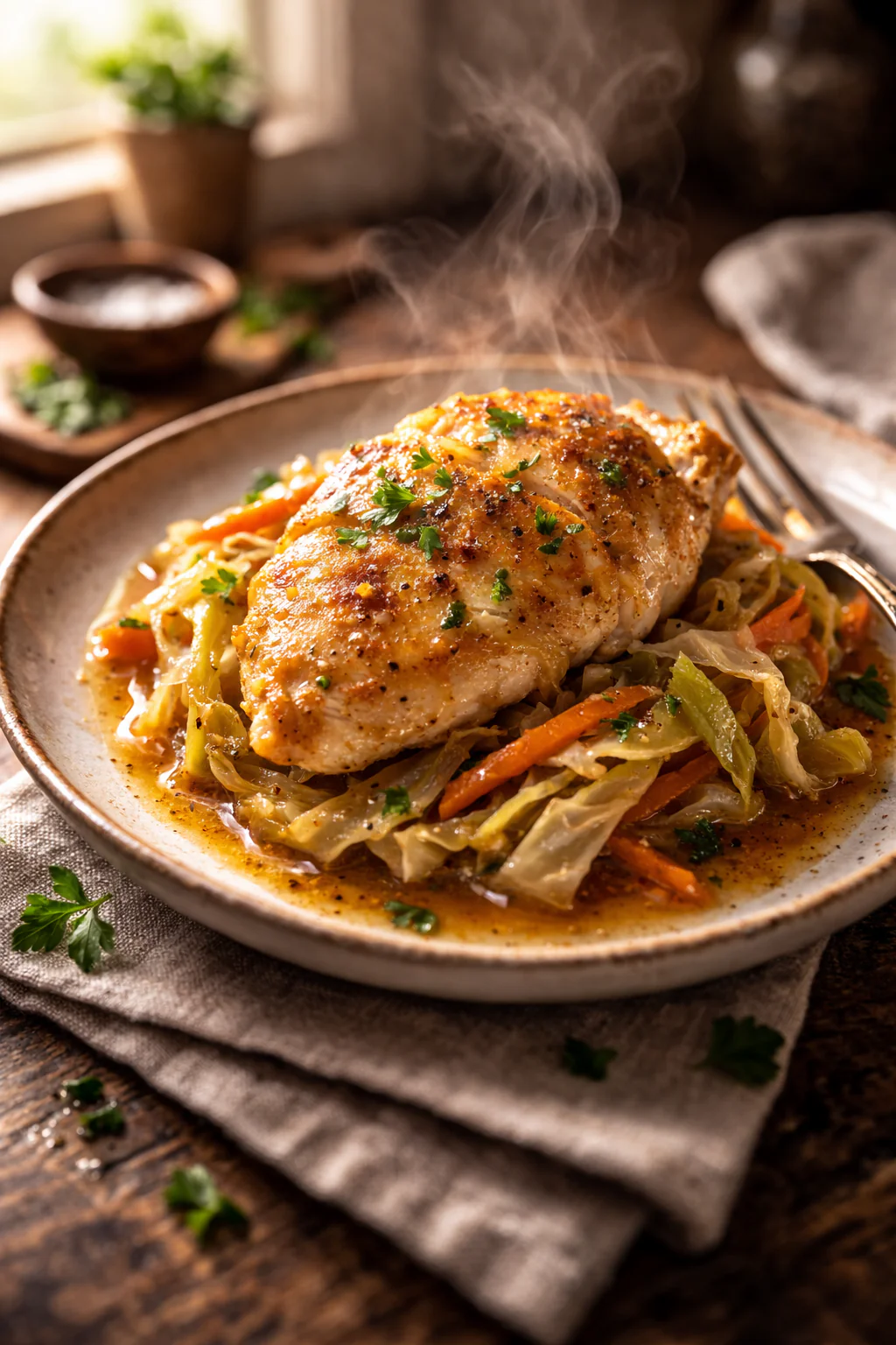 Baked chicken with cabbage in a small baking dish