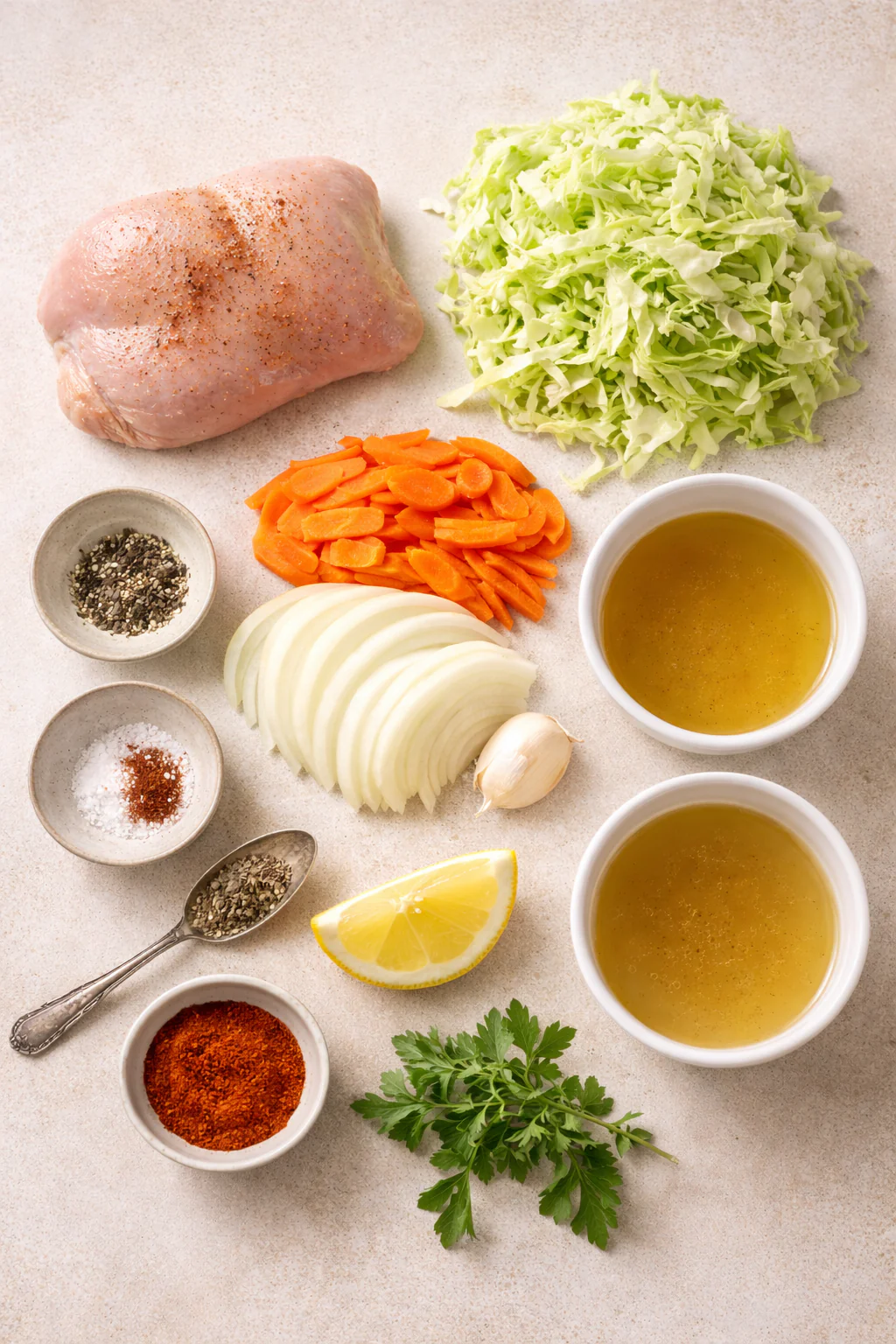 Ingredients laid out for baked chicken with cabbage