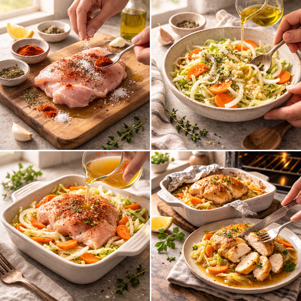 Step by step of arranging chicken and cabbage in a baking dish