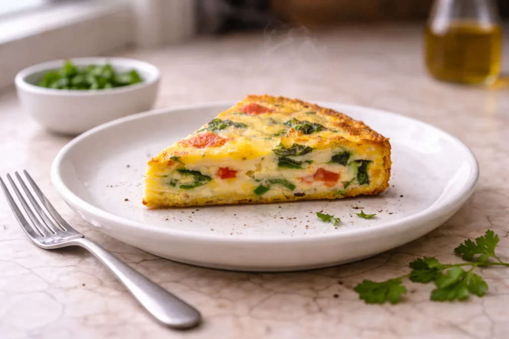 Reheated frittata slice on a white plate with a moist tender center, lightly melted cheese, and steam rising in natural window light