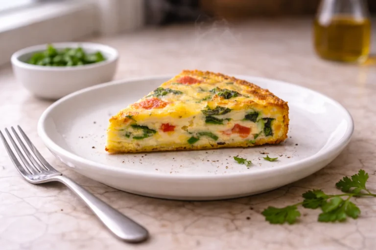 Reheated frittata slice on a white plate with a moist tender center, lightly melted cheese, and steam rising in natural window light