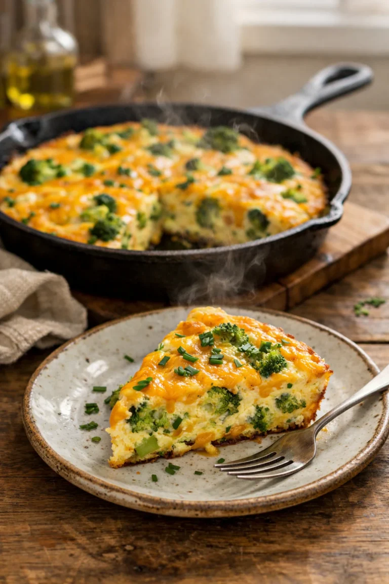 Small batch broccoli cheddar frittata in an 8 inch skillet with one slice served on a rustic plate in a cozy home kitchen