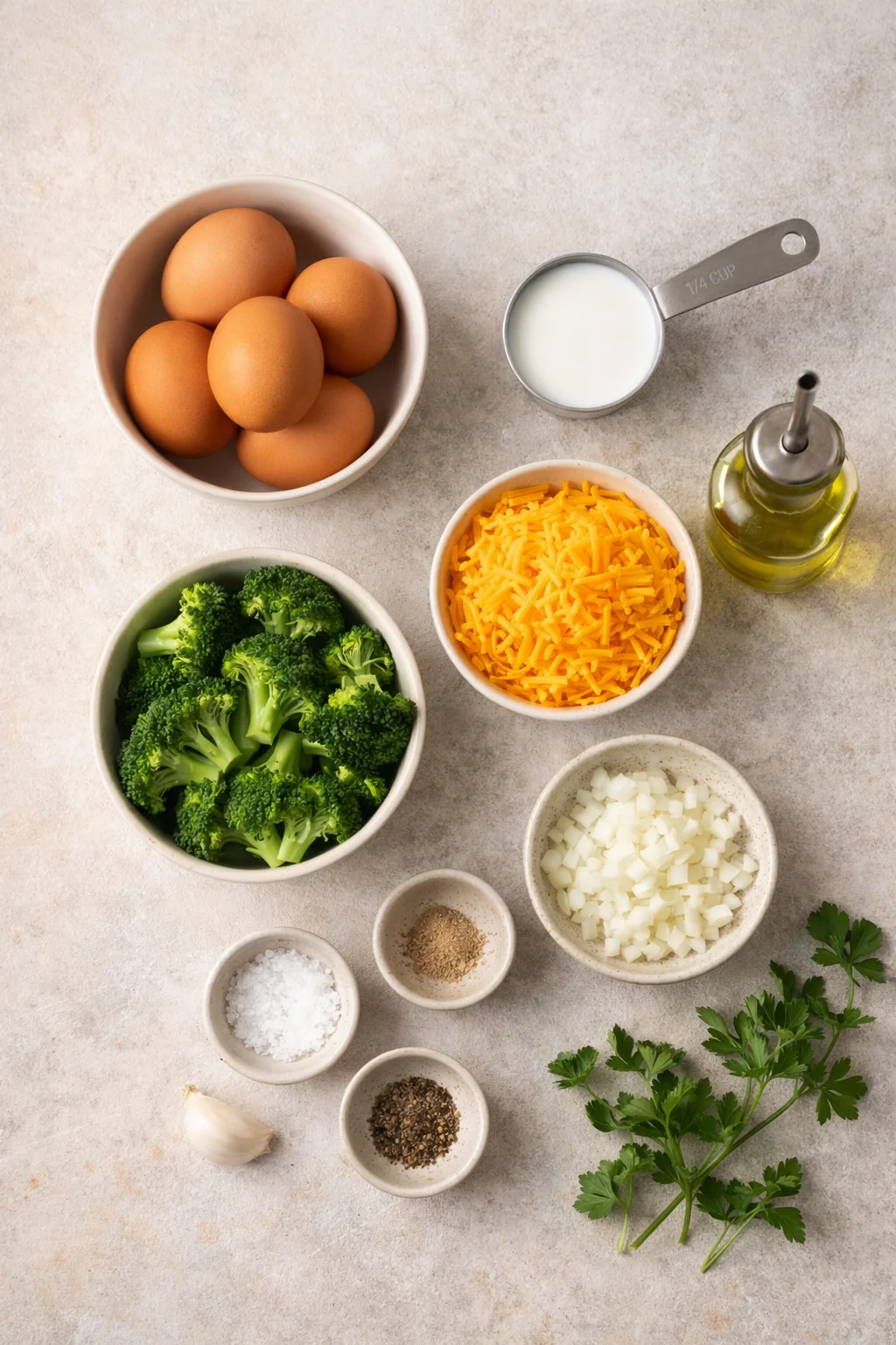 Ingredients for broccoli cheddar frittata