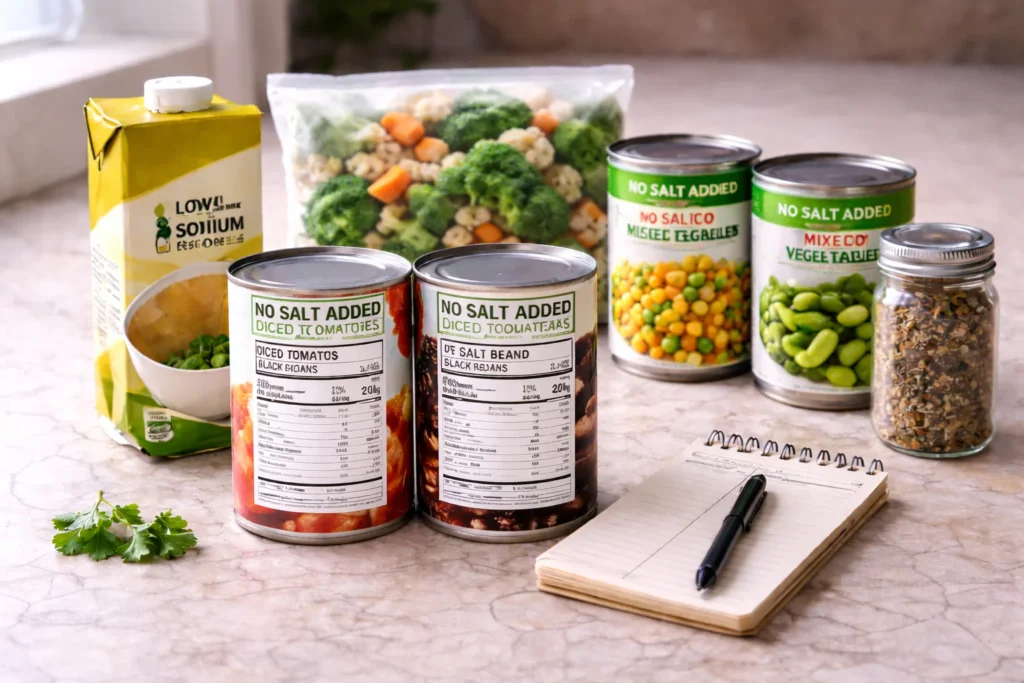 Low sodium packaged food choices like no salt added cans and low sodium broth with nutrition labels being compared
