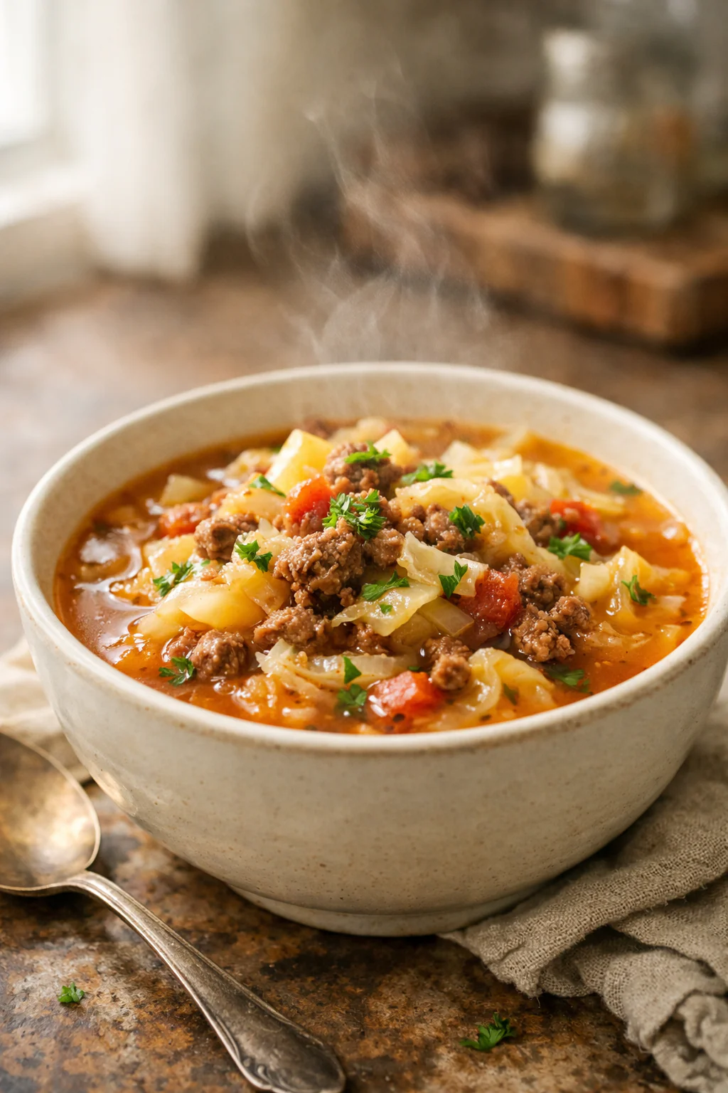 Bowl of cabbage and ground beef soup with herbs