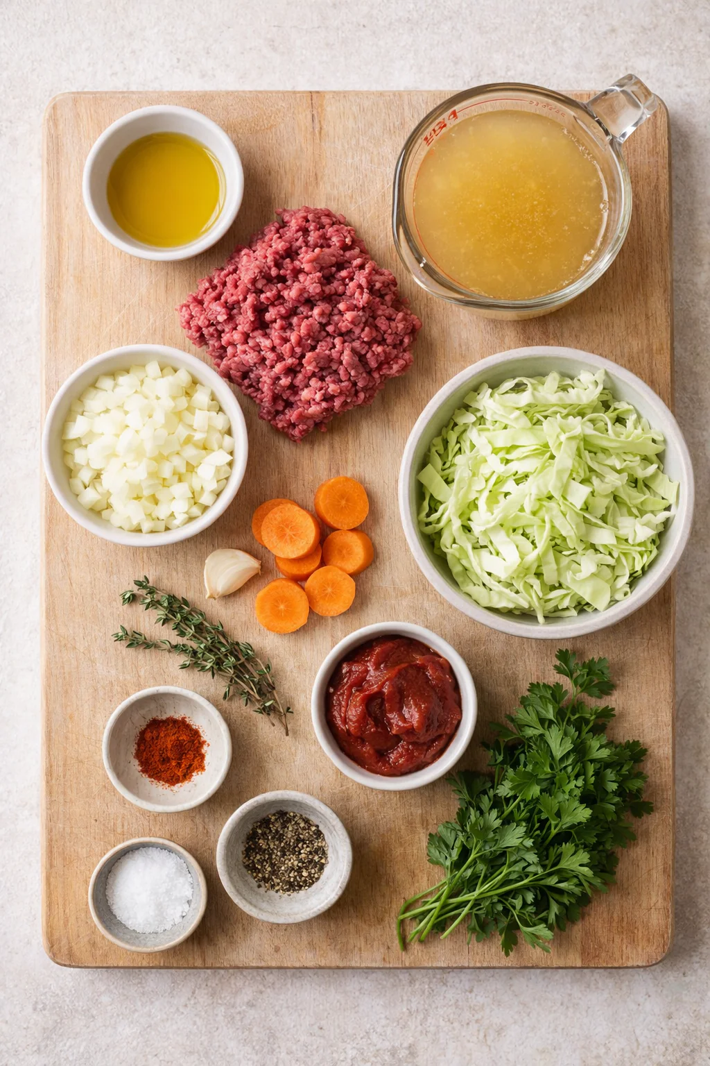 Ingredients for cabbage and ground beef soup on a counter