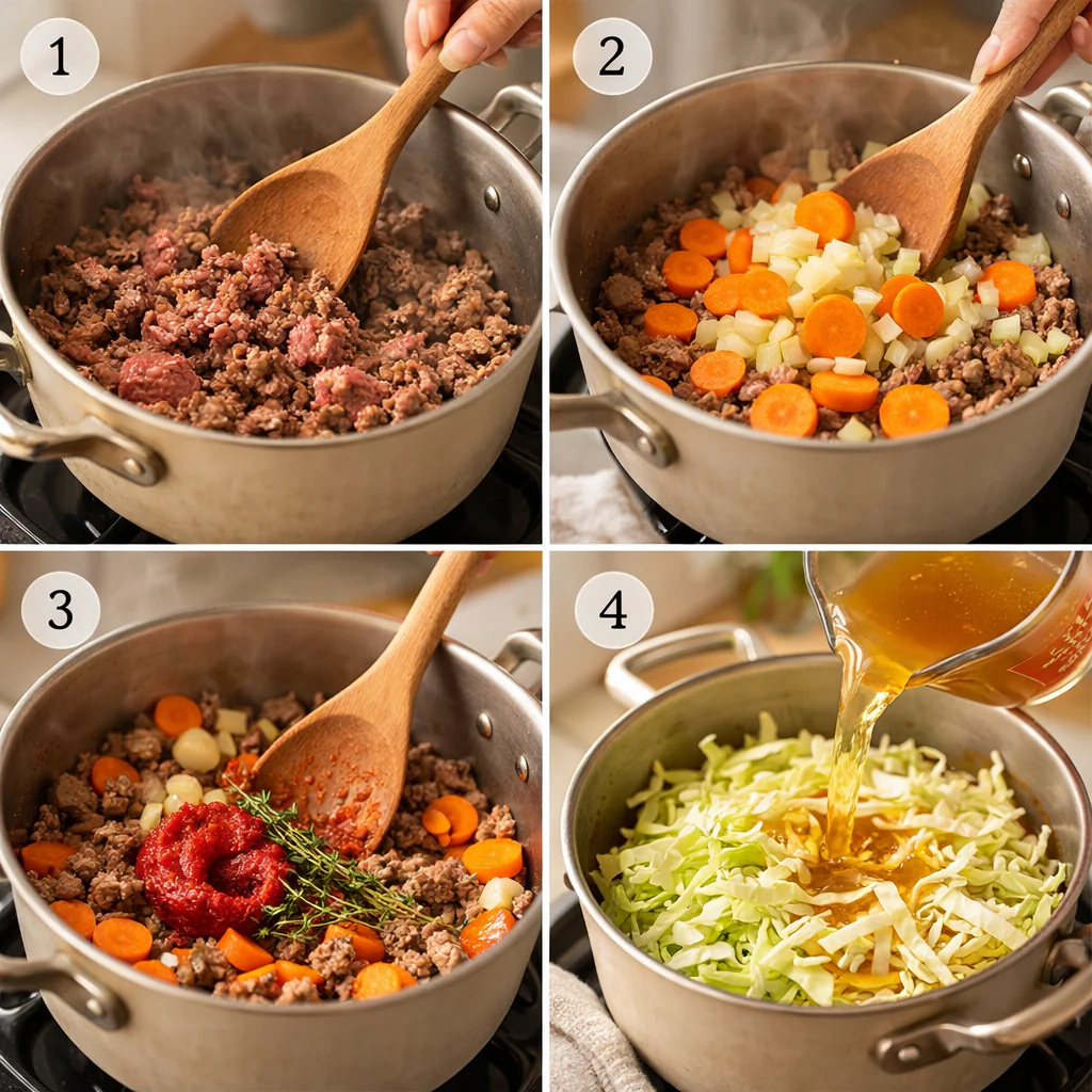 Cooking steps for cabbage and ground beef soup in a pot