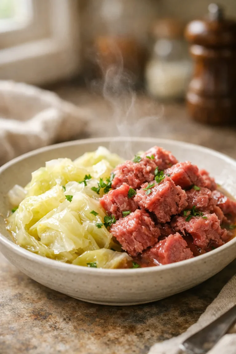 Canned corned beef and cabbage bowl with parsley