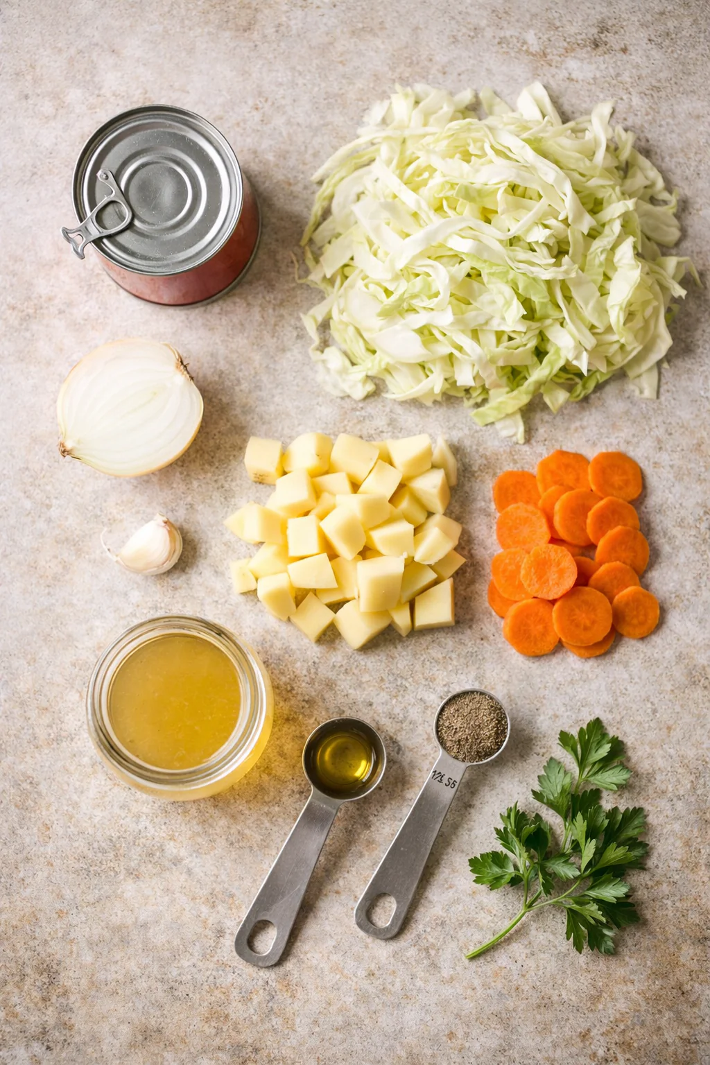 Ingredients laid out for corned beef and cabbage recipe