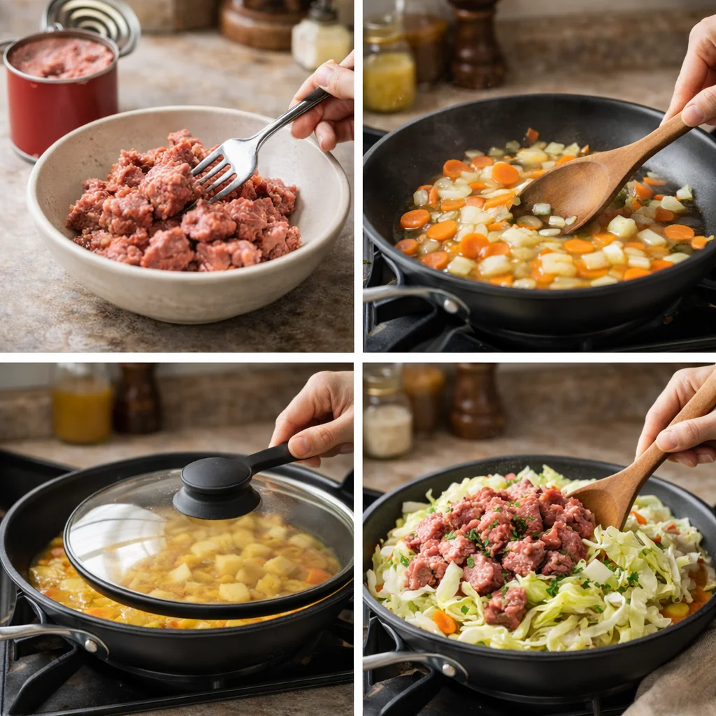 Cooking steps for corned beef and cabbage in a skillet