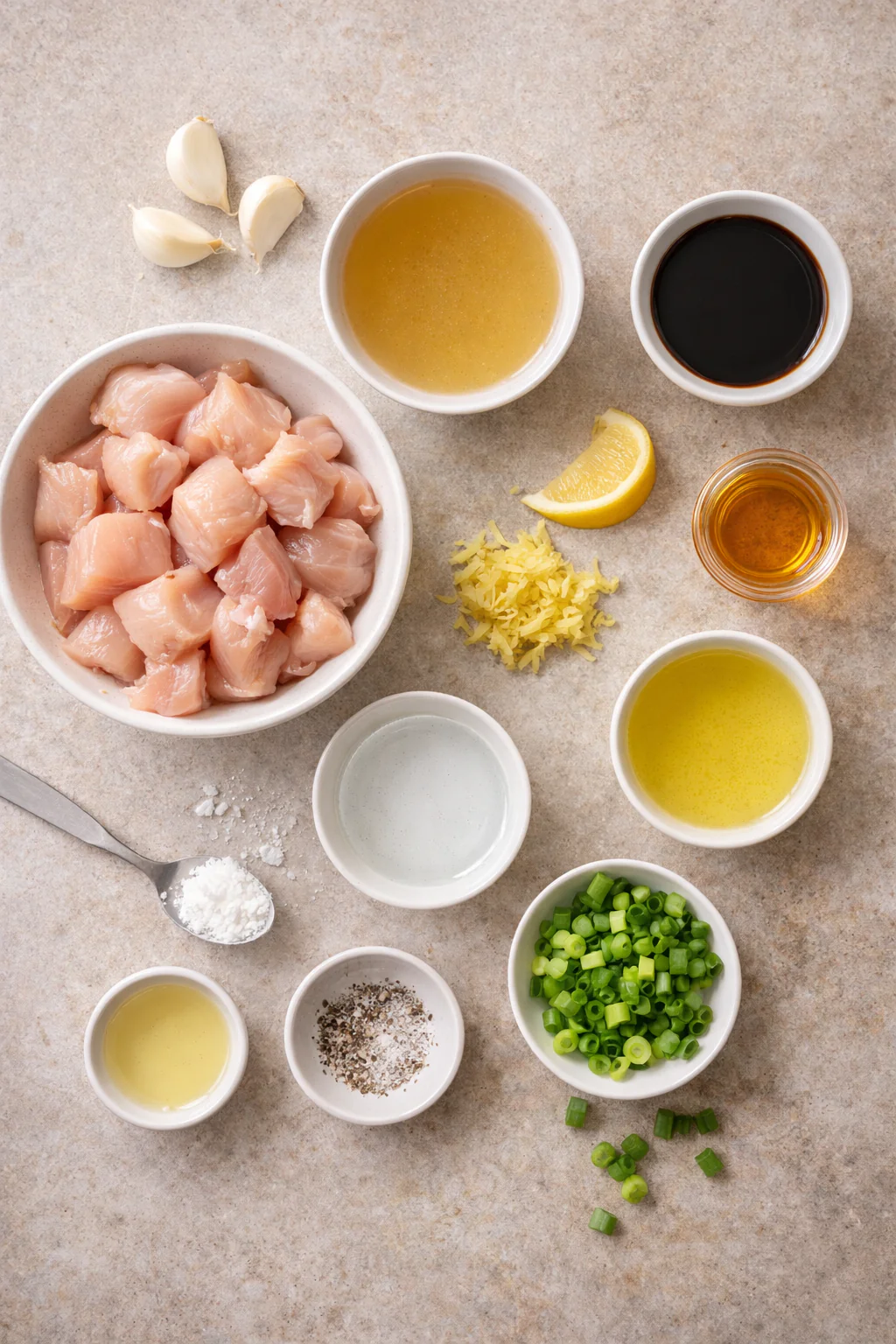 Ingredients for chicken with garlic and ginger measured on a counter