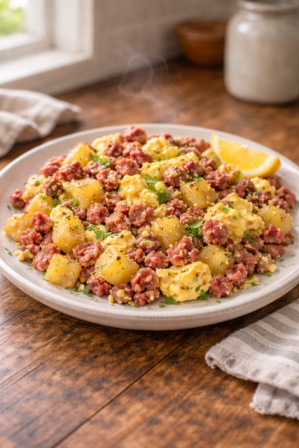 Skillet with corned beef and soft scrambled eggs