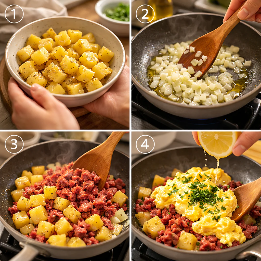 Cooking steps showing potatoes corned beef and eggs in a skillet