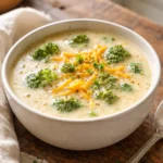 Small bowl of creamy broccoli cheddar soup with visible broccoli florets and melted cheddar in a cozy home kitchen