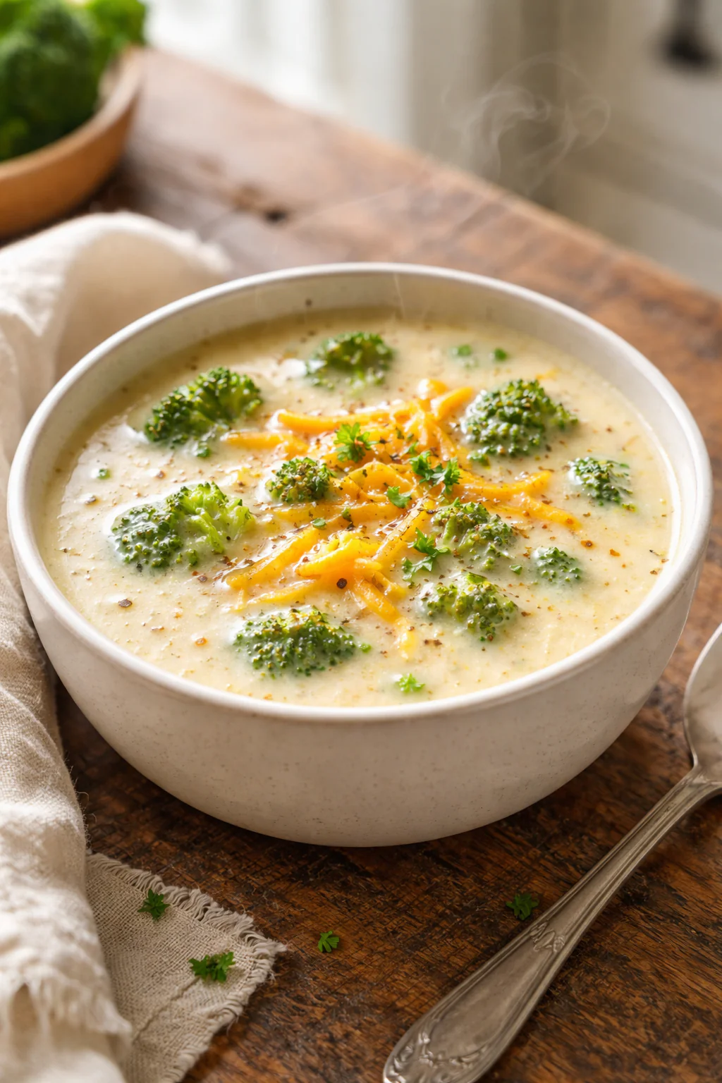 Bowl of creamy broccoli cheddar soup garnished with broccoli florets