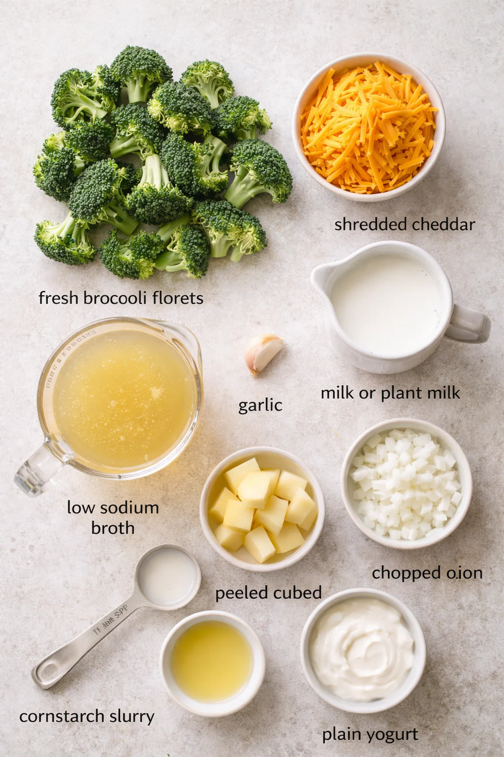 Ingredients for broccoli cheddar soup on a counter
