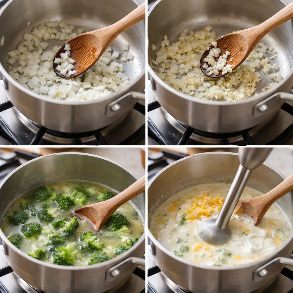 Saucepan with broccoli cheddar soup cooking on the stove