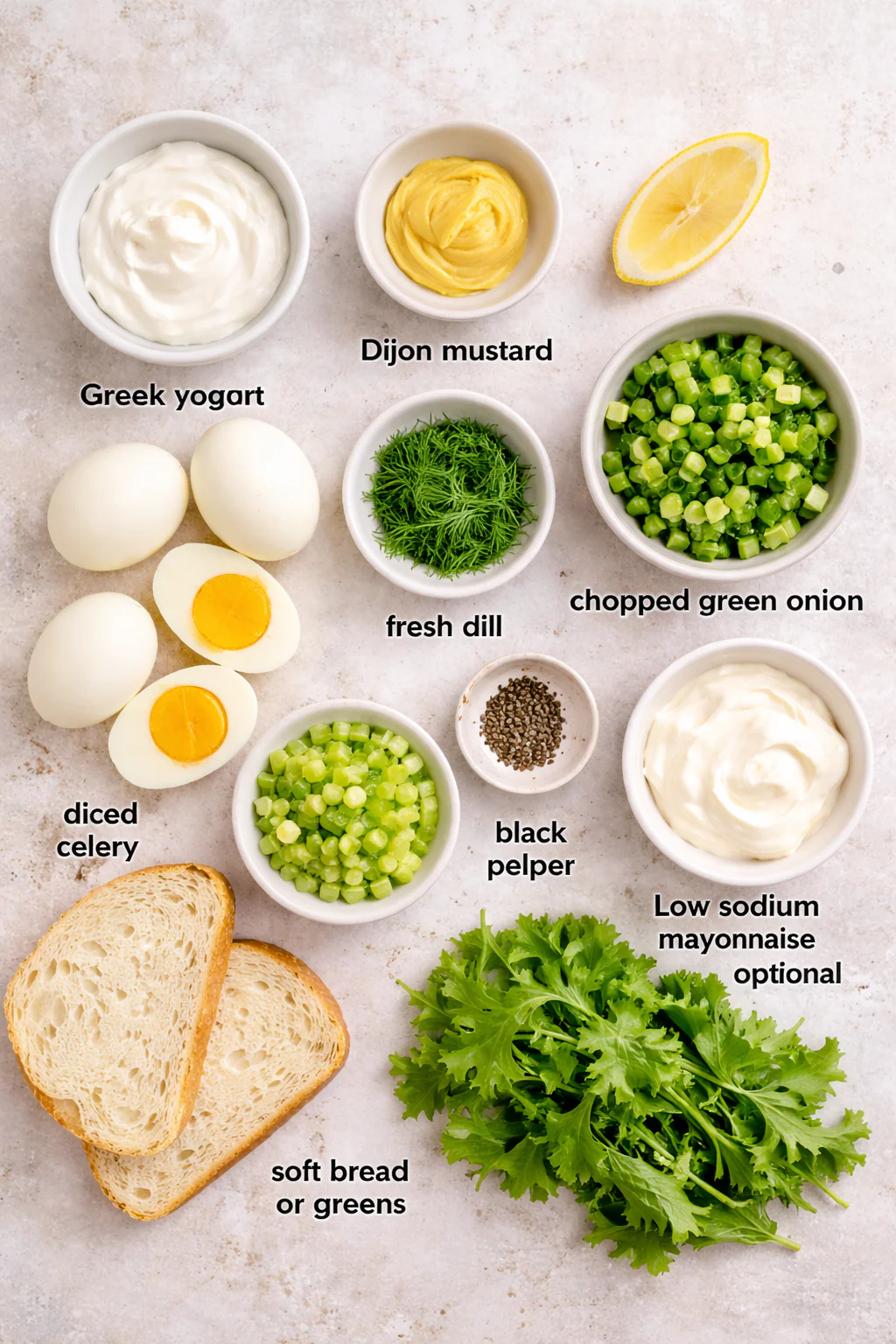 Ingredients for low sodium egg salad displayed on a table