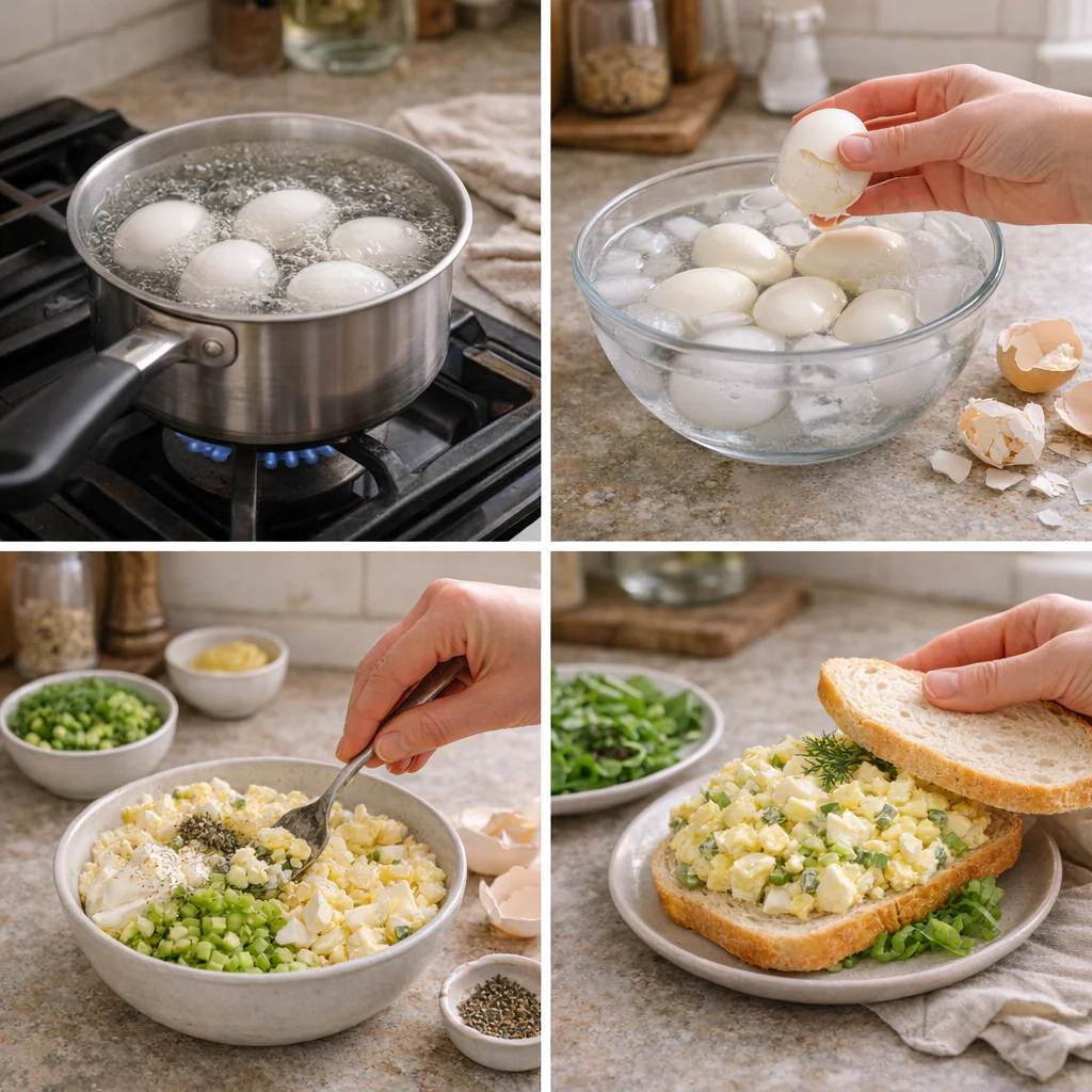 Steps showing chopped eggs and mixing bowl