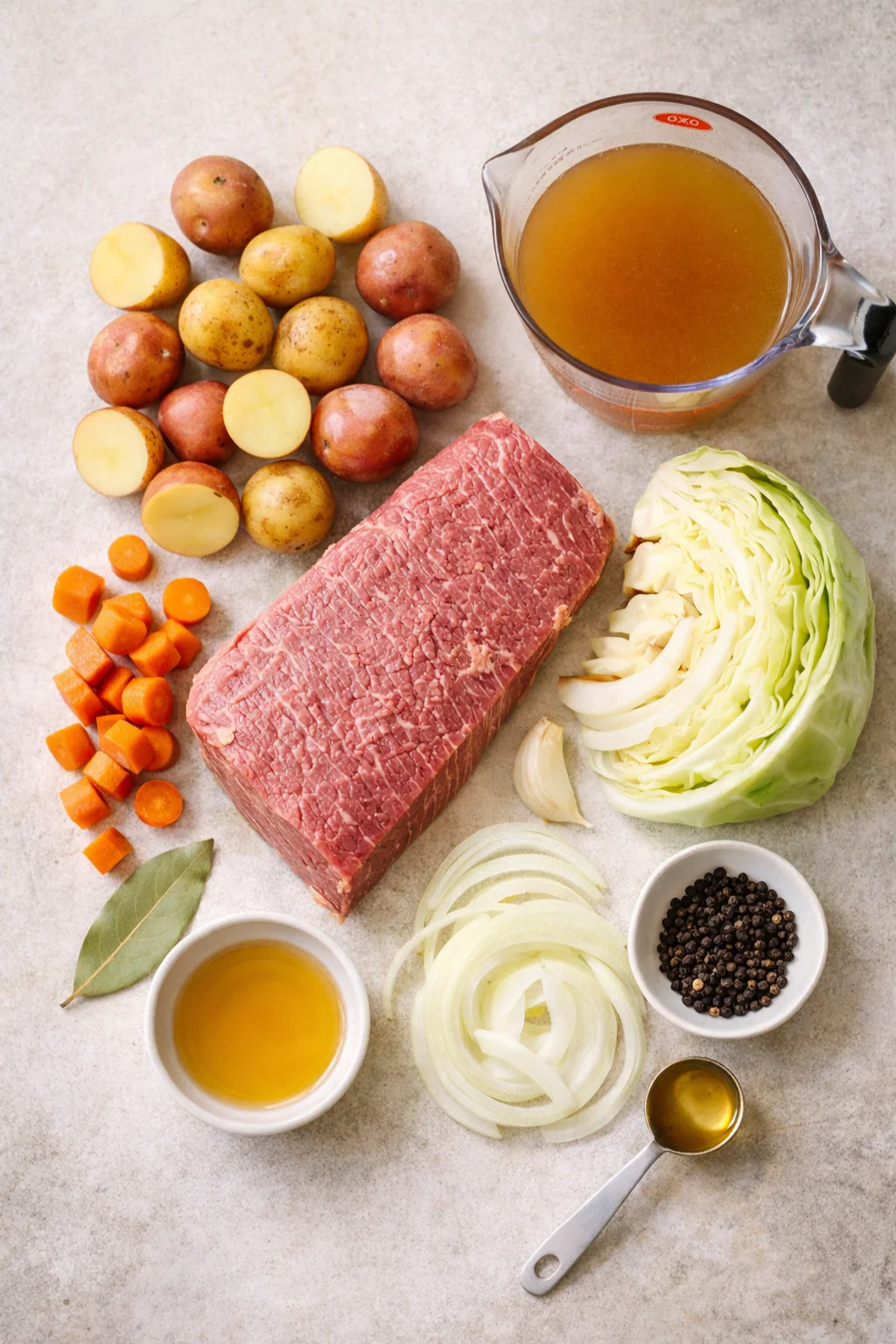Ingredients for crock pot corned beef and cabbage on a counter