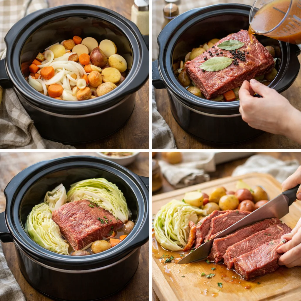 Slow cooker with corned beef and vegetables during cooking