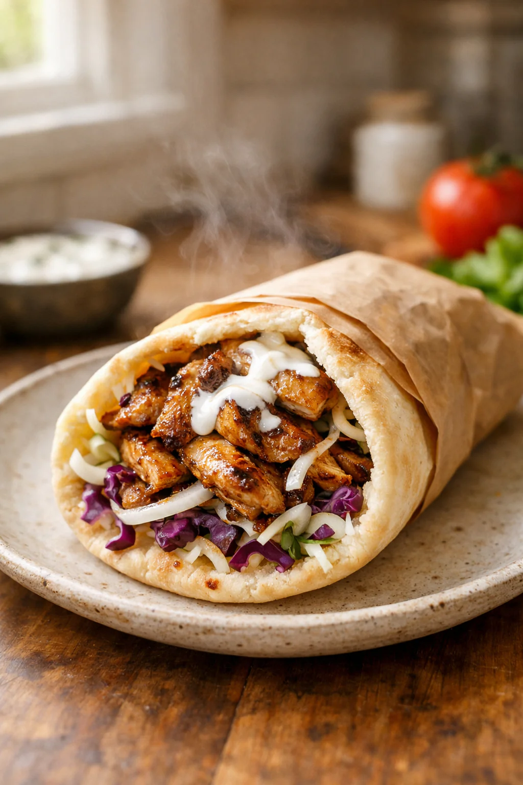 Pan of sliced chicken shawarma with warm pita
