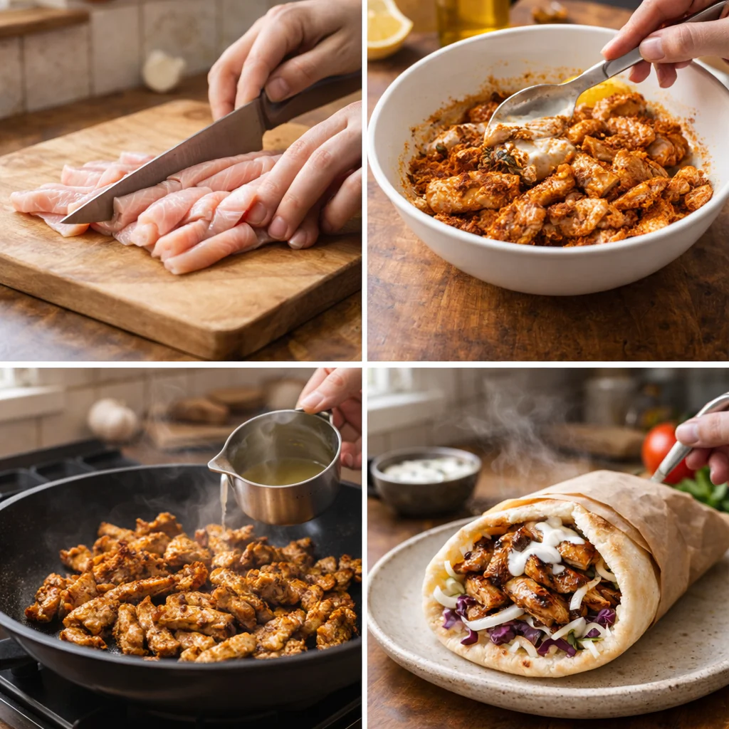 Cooking steps for chicken shawarma in a skillet