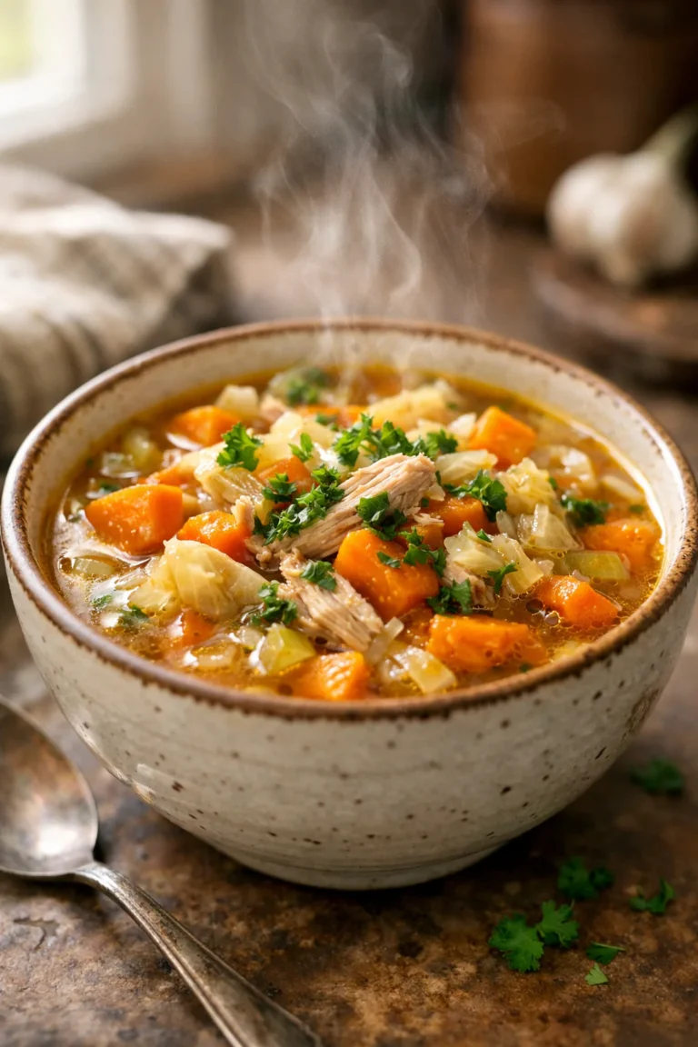 Turkey sweet potato cabbage slow cooker soup in bowl with parsley garnish