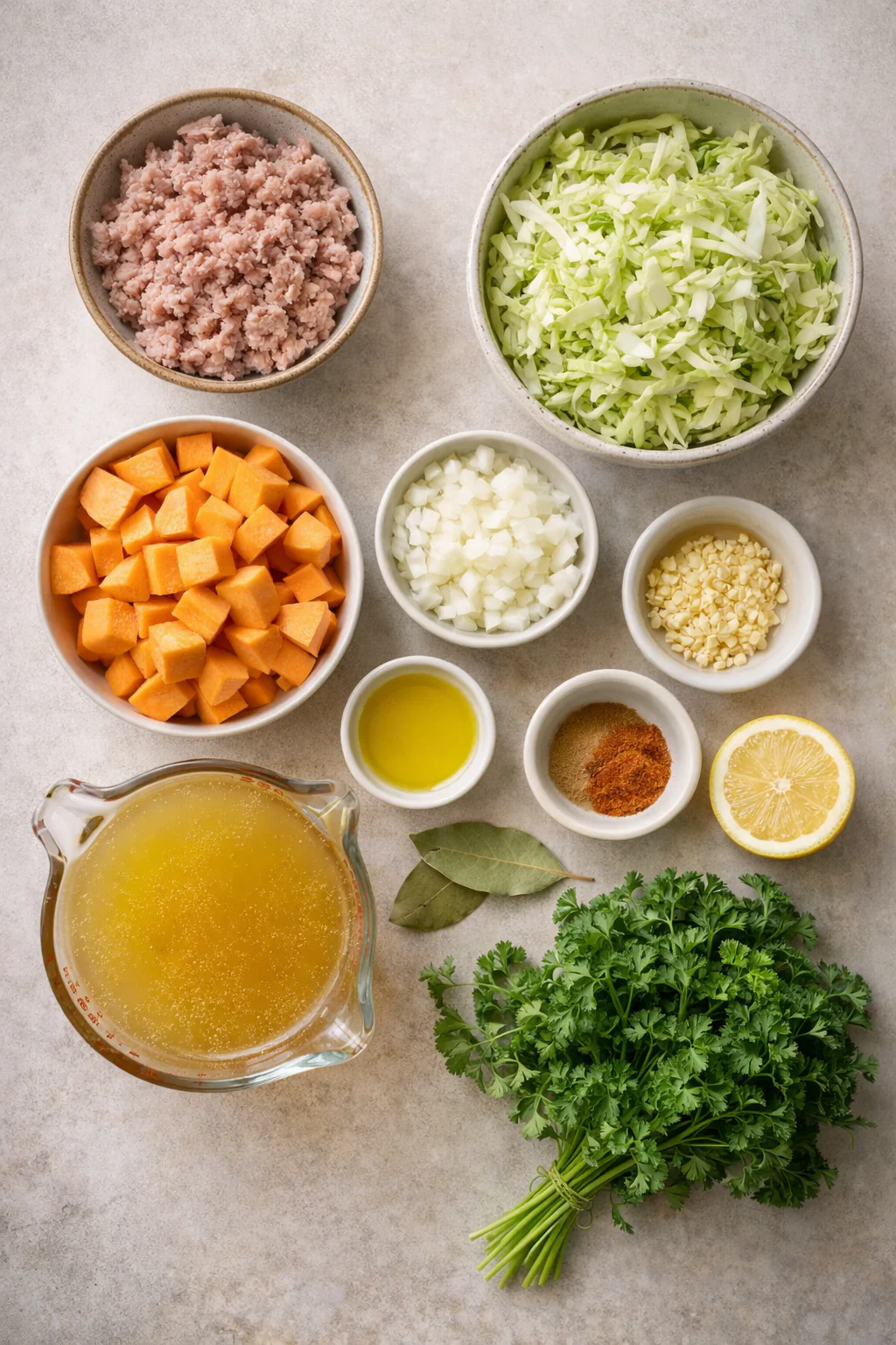 ingredients for cabbage and turkey soup on a counter