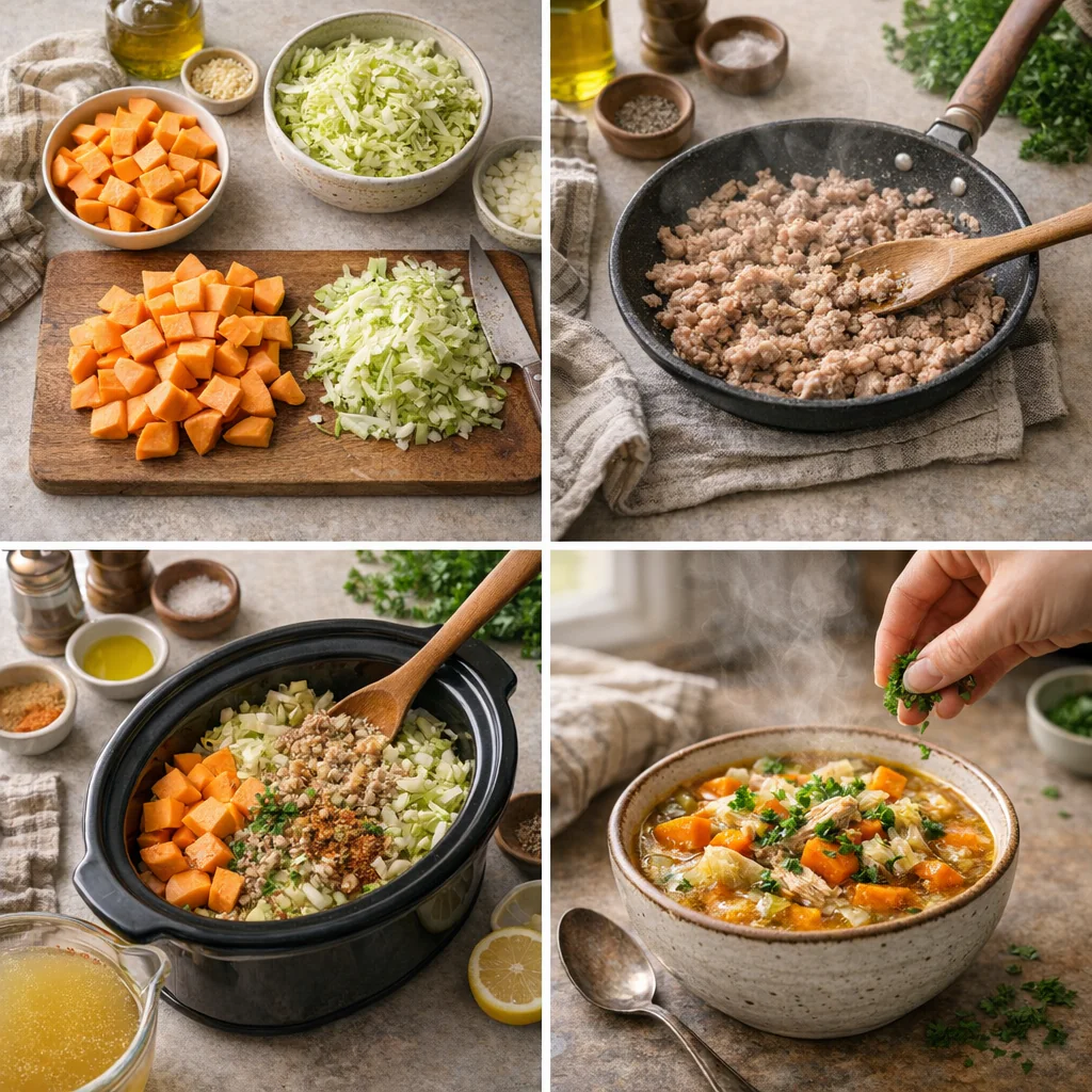 hands stirring soup in slow cooker