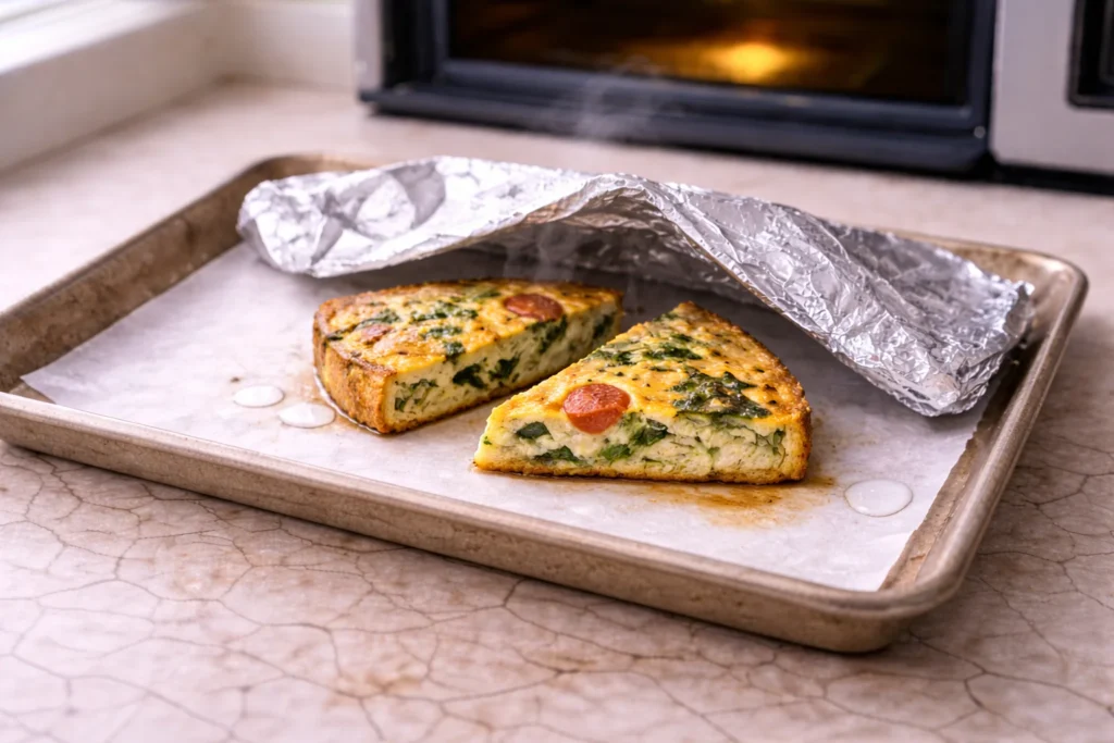 Frittata slices reheating on a baking sheet in the oven under loose foil with a little moisture added